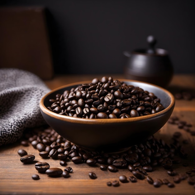 Dark Coffee Beans in a Bowl on a Brown Table