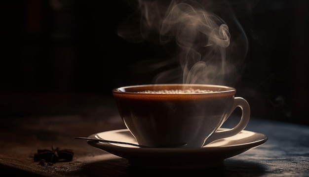 Dark coffee cup on rustic wood table generated by AI