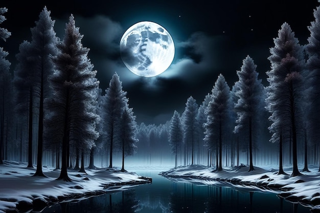 Dark cold futuristic forest dramatic scene with trees big moon moonlight Shadow landscape in night woodland reflection in river Fairy tale concept Copy ad text space Generative Ai illustration