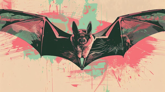 Photo a dark colored bat with its wings spread wide is flying in front of a colorful background with paint splatters in shades of pink blue and green