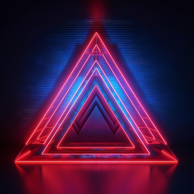 A dark and colorful neon light artwork made up of triangle