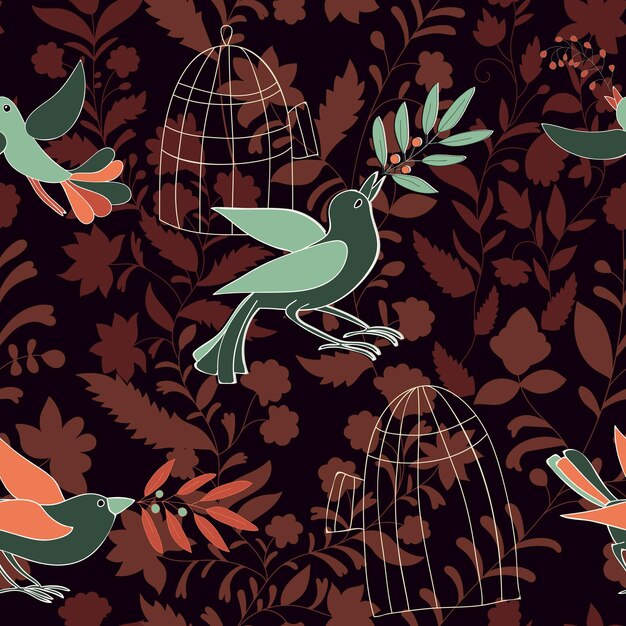 Dark colorful seamless wallpaper with birds olive branches and\
birdcages nature pattern for web textile backdrop background birds\
fly from the cells to freedom vector clipart