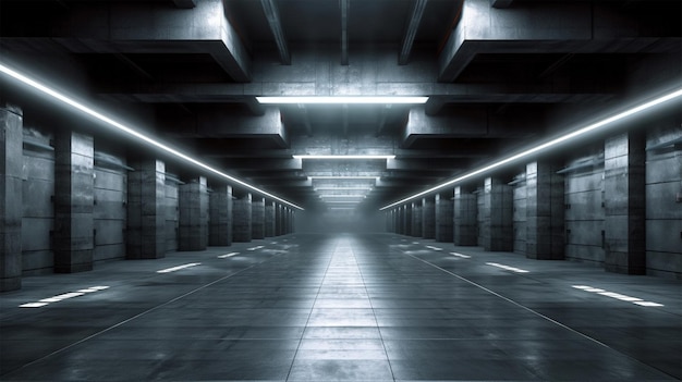 Dark concrete led white lights underground tunnel corridor cement asphalt hallway warehouse tunnel corridor metal structure realistic background 3D render illustration Generative Ai
