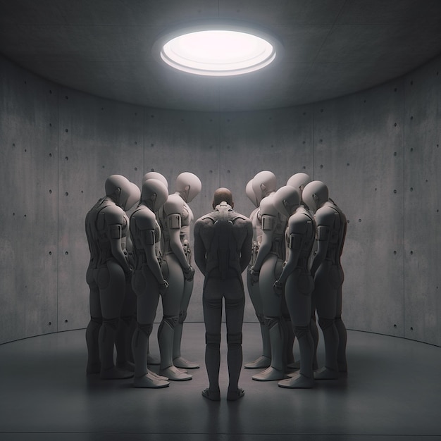 dark concrete room humanoid robots huddle together Generative AI
