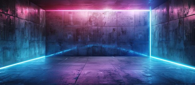 Dark concrete room interior background with neon lighting