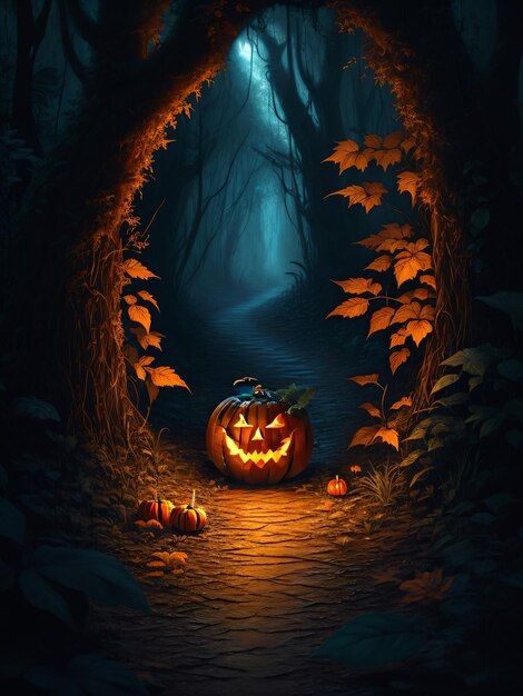 Dark continent with jack o lantern wandering around jungle woods