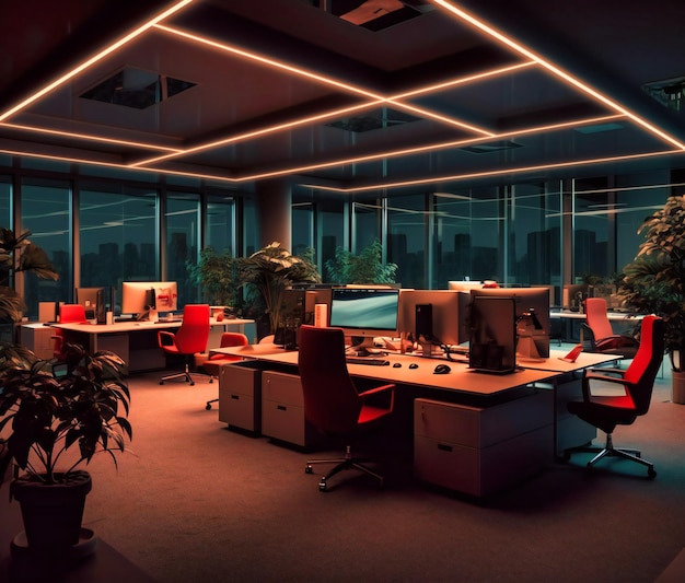 A dark corporate office has several desks and chairs