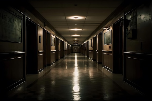 Dark corridor or hallway with many doors vintage toned Neural network AI generated