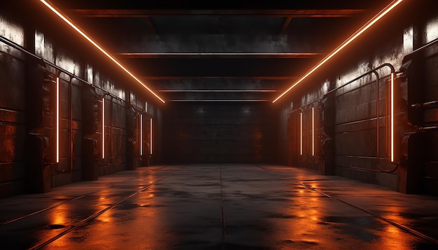 Фото Темный коридор внутри футуристического подземного склада, освещенного ярким освещением, генерируемым ии