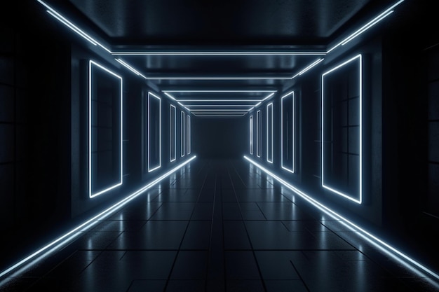 A dark corridor lit by white neon lights Reflections on the floor and walls