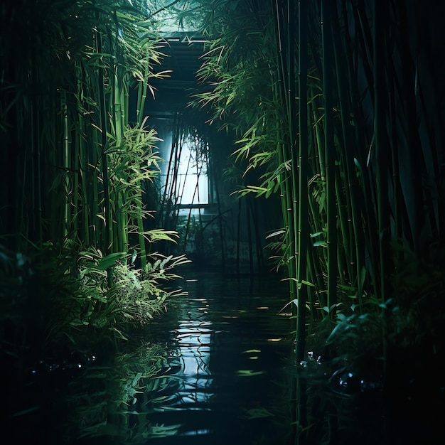Photo dark corridor with bamboo trees and light in the dark