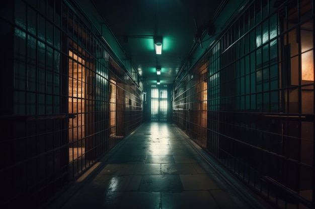 A dark corridor with bars and lights on the walls.