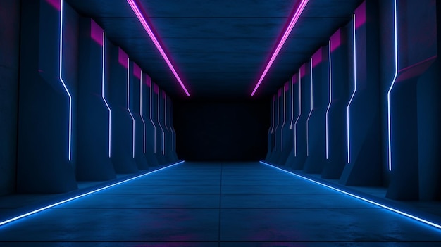 A dark corridor with neon lights and a blue background.