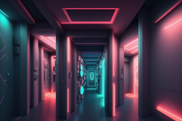 A dark corridor with neon lights and a blue and red strip.