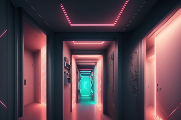 A dark corridor with neon lights and a pink and blue light