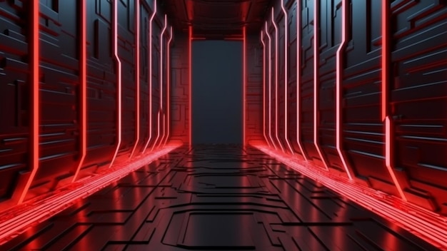 A dark corridor with red lights and a black floor.
