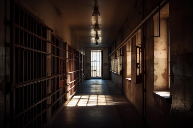 「刑務所」と書かれた窓のある暗い廊下