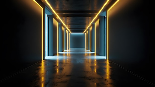 A dark corridor with yellow lights and a blue background