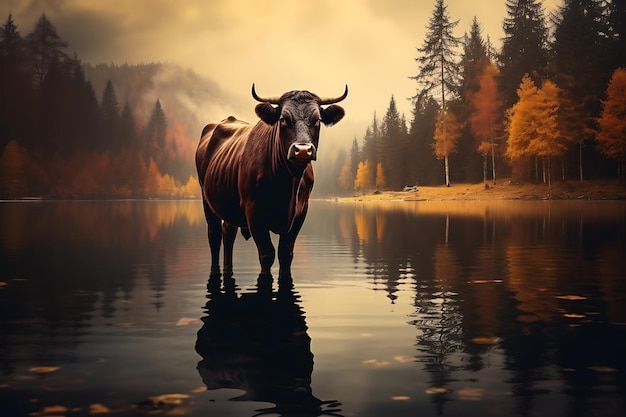 自然の背景にある暗い牛