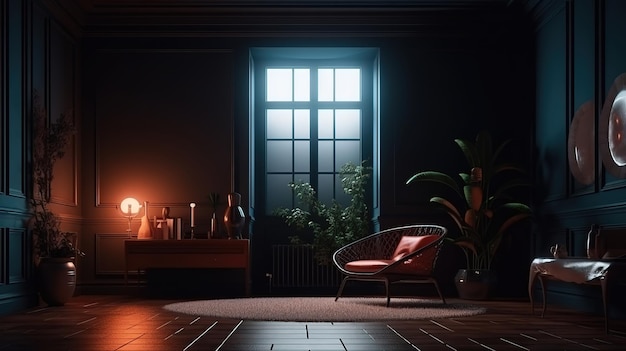 Dark cozy interior background 3D render Bright color Generative Ai