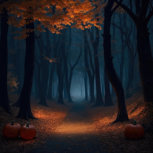 Dark creepy autumn forest Halloween holiday Image taken by AI