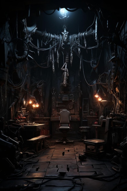 A dark and creepy laboratory with a large chair in the center