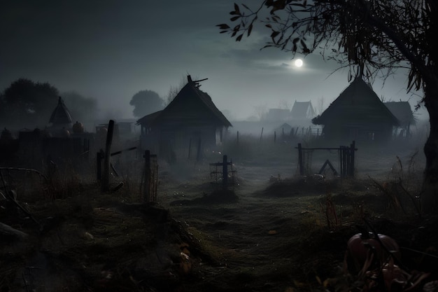 Dark creepy old village in fog ai generated image