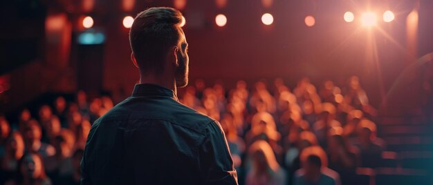 Photo in a dark crowded auditorium at an international tech conference a man asks a question to a speaker a young specialist expresses an opinion