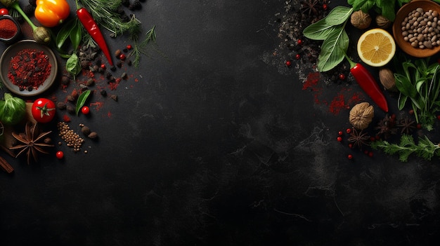 Dark culinary background with healthy food ingredients