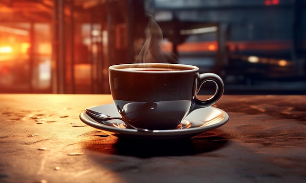 A dark cup of hot coffee on the background of a dark city