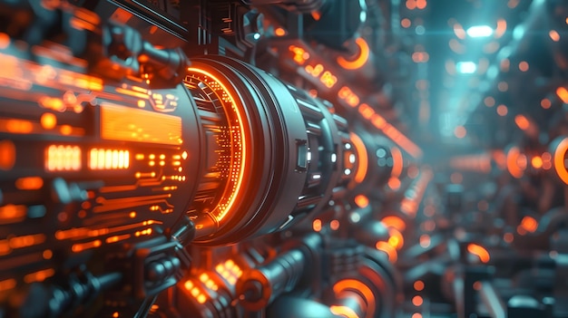 dark cyber architecture space orange light in an electronic machine in the style of futuristic contraptions photorealistic detailing highenergy imagery baroque scifi futuristic scifi