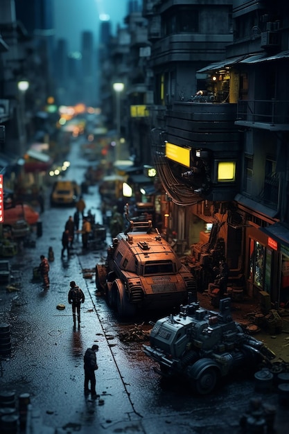 Photo dark cyberpunk city robot android aircar miniature tiltshift photo real