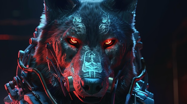 Dark cyberpunk wolf digital art illustration Generative AI