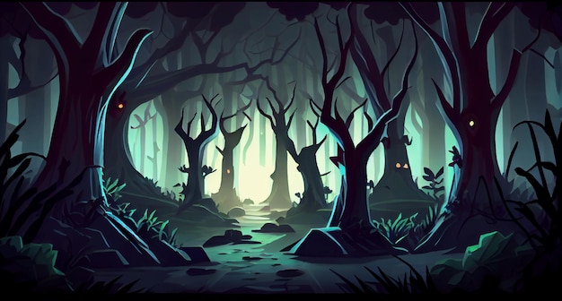 Dark deep forest ambiente di sfondo 2d per un gioco mobile un paesaggio di sfondo orizzontale di alta qualità posizione di progettazione del modello di gioco ia generativa