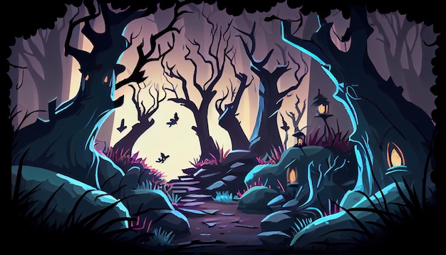 Dark deep forest 2D background environment for a mobile game A high quality horizontal background landscape Gaming template design location Generative ai