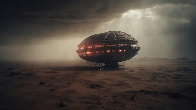 A dark desert scene with a large metal airship in the middle of the desert
