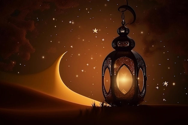 A dark desert with a lantern and the moon in the background.