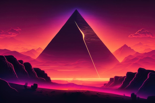 A dark desert with a pyramid in the middle