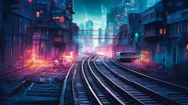 Photo a dark digital city on high speed rail tracks