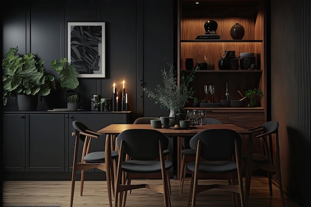 나무 테이블과 의자가 있는 어두운 식당과 식물 그림이 있는 검은색 벽.