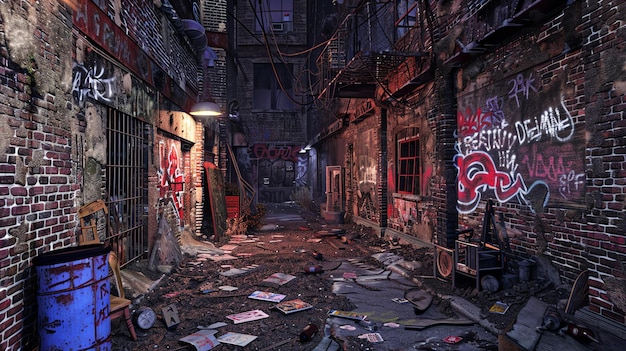 Photo a dark and dirty alleyway with graffiti on the walls and trash on the ground