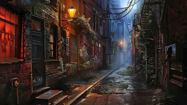 A dark and dirty alleyway with a single street lamp The alleyway is lined with old brick buildings and the street is covered in garbage and debris