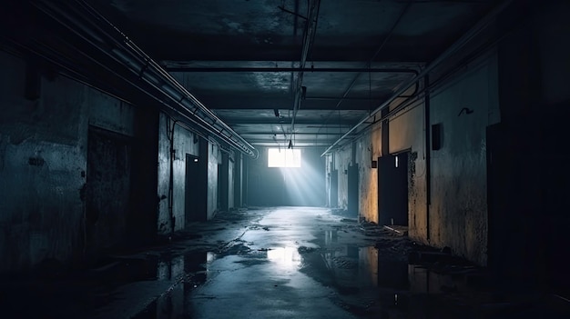 Dark dirty corridor in abandoned industrial factory with Generative AI Technology