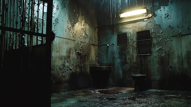 暗く汚い刑務所でトイレと洗面台があり壁は血や他の汚れで覆われています