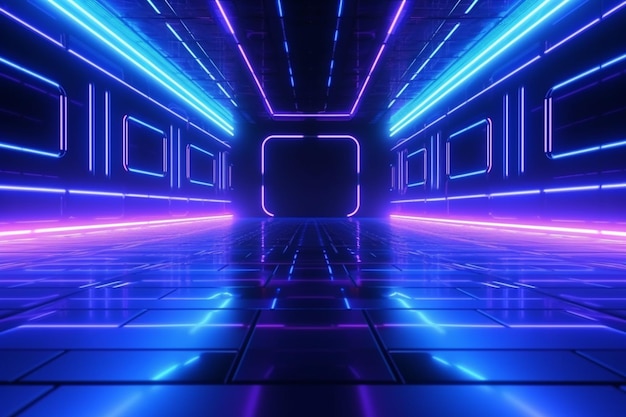 A dark, disco floor with blue lights and a square.