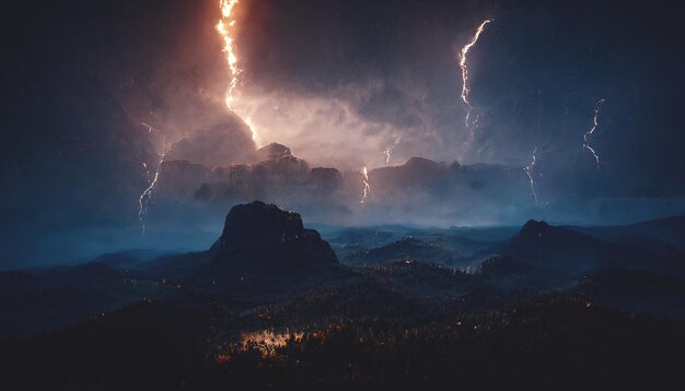 Темное драматическое штормовое ночное небо с молниями NightxAmountain пейзаж Вспышки света от