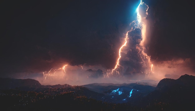 사진 어두운 극적인 폭풍의 밤 하늘과 번개 nightxamountain 풍경에서 빛의 반임