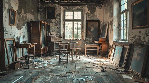 Photo a dark and dusty room with broken furniture and peeling paint the only light comes from a window on the left side of the room