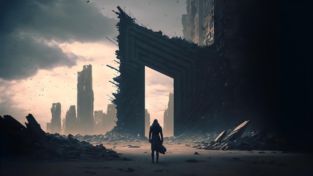 Dark dystopian dead cityscape with alone human figure neural network genertated art wallpaper