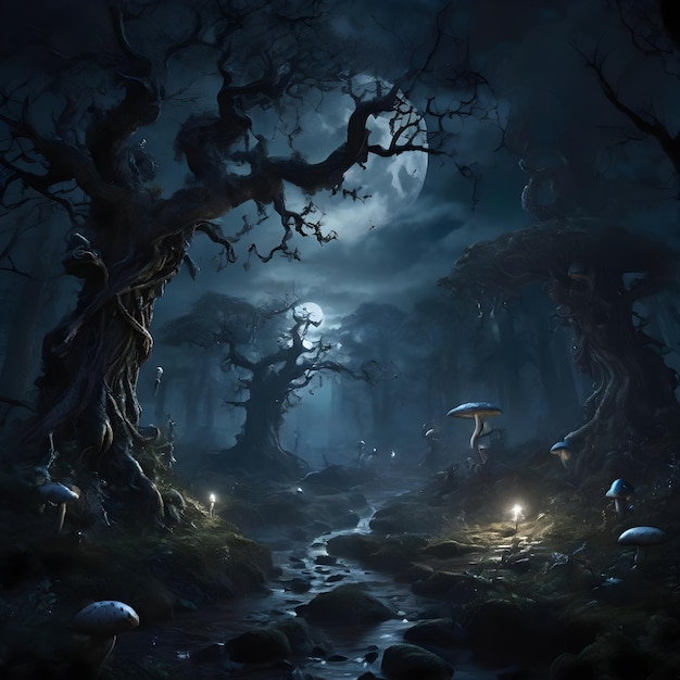 Foto una foresta buia e inquietante con alberi contorti e funghi luminosi